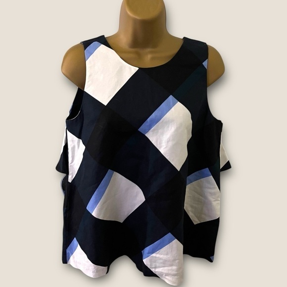 Ann Taylor Checkered Linen Cotton Sleeveless Top Black Combo SP NWOT - Picture 2 of 6